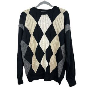 Claiborne Argyle Knit‎ Sweater Crew Neck Ribbed Hem Black Tan Men Size L